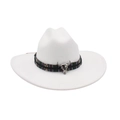 White western cowboy hat with bohemian woven band and silver bull skull ornament - White
