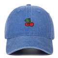 Detail of red cherry embroidery on a blue vintage washed denim cotton baseball cap - Light Blue