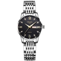 Detailed view of elegant silver women's quartz watch with black dial and day-date window - Silver Black Dial
