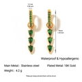 18K gold plated stainless steel drop earrings with green pear-shaped gemstones - Triple Pear-Cut Green Stone Long Dangle Style (YE43)