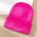 Neon pink ribbed knit beanie hat for winter warmth with a classic fold-over cuff design - Rose Red