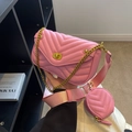 Pink quilted crossbody bag with gold chain, wide strap and mini round coin purse - Pink