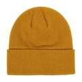 Detail of ginger yellow ribbed knit beanie showing thick texture and weaving pattern - Caramel color