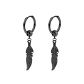 Pair of punk style black feather dangle hoop earrings in matte titanium steel finish - Style 9 Black Single