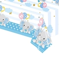 Detail of disposable paper tablecloth featuring cartoon elephants with balloons and stars - Blue Cartoon Elephant