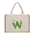 Linen canvas tote bag with floral letter W print and jute trim decoration - Floral Letter W