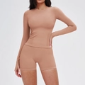 Ensemble de yoga rose sans couture avec haut court à manches longues et short gainant - Chemise À Manches Longues 5081 + Short 7655 — Rose Rétro / S