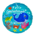 18-inch round Feliz Cumpleaños foil balloon featuring a blue whale and sea turtle - Round Spanish Whale Birthday