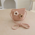 Detail of pink woven kids bag with handcrafted crochet flower decor and metal zipper - Bag-Pink