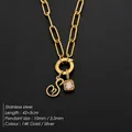 14K gold plated stainless steel paperclip necklace with initial S and pink stone charm - Letter S (XNL0097)