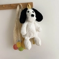 Cute black and white plush dog backpack with long ears and light yellow straps hanging on rack - White