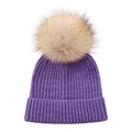 Detail of purple ribbed knit child hat featuring a large fluffy light brown faux fur pompom - Size S (0-3 Years) / Purple White