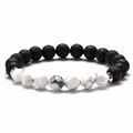 Macro detail of faceted white turquoise and black lava stone beads on elastic bracelet - Howlite