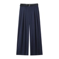 Detail of navy wide-leg trousers with front pleats and matching black leather belt - XS / Navy Blue