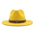 Detail of bright yellow wool fedora featuring a leather band with vintage metal studs - Yellow