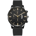 Close-up of Geneva men's black chronograph watch dial with gold hour markers and date window - Black Case Black Dial Gold Black Mesh Strap