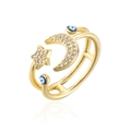 Goldener zweilagiger offener Ring mit Zirkon-Stern-Mond und Evil-Eye-Emaille-Anhängern - Einstellbar Offen / Gold (11845)