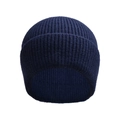 Detail of dark blue knit beanie featuring thick ribbed texture and folded cuff design - Navy Blue