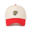 Close-up of color-block baseball cap with sunflower smile embroidery and red brim - Beige/Red