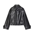 Women's glossy black PU leather jacket with asymmetric lapel collar in short street style - XS / Black