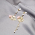 Pink and white flower beaded fan earrings with faux pearl tassels on silk background - E2086-1/Pink White Flower Fan