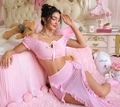 Pink two-piece mesh sleepwear set with ruffled crop top and high-slit long skirt - S / Pink