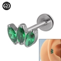 Clou d'oreille en titane G23 avec trois gemmes vertes marquise pour piercing de lèvre - 1.2x6mm / Argent/Pierre Précieuse Verte