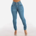 Damen Skinny-Jeans in Hellblau mit hohem Gummibund und drei Metallknöpfen für eine schmale Form - S / Hellblau