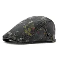 Vintage floral denim newsboy cap with adjustable metal buckle and dark blue texture - Adjustable / Black / 0.1