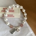 Korean style silver bead bracelet with white catseye, strawberry crystal and bell charm - Lucky Cat's Eye Stone Style (SL1395)