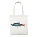 White canvas tote bag featuring a realistic blue and red fish illustration print - Realistic Fish Natural Illustration Style (STD27-P)