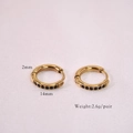 Macro detail of 14mm gold hoop earrings with black zircon inlays and size specifications - Black Rhinestone (2*14mm)