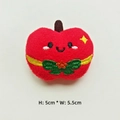 Detail view of a 5cm plush red apple accessory with cute embroidery and a green bow - Apple Cushion