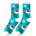 Detail of Christmas crew socks with festive trees, hats and snowflakes on blue base - One Size / Bright Blue Christmas Tree Hat Style (A1266)