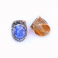 Adjustable gold plated brass ring featuring oval blue agate druzy stone and crystals - Blue Sodalite