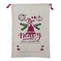 Canvas Christmas drawstring gift bag featuring red Be Merry stamp and Santa Claus motif - 49*68CM, HK-146 (Bells & Holly)