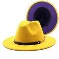 Two-tone wool fedora hat with bright yellow exterior, purple lining and gold chain detail - Yellow & Purple