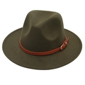 Detail of olive green felt fedora hat with brown leather belt and gold metal buckle - Kids One Size (54cm) / Army Green