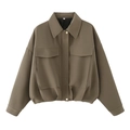 Women's cropped bomber jacket in dark tan with large pockets and classic collar style - XS / Dark Khaki