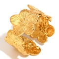 18K gold plated flower open ring for women with textured petals on white background - Gold