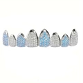 Hip hop 8-tooth silver grillz with micro-pave white and light blue cubic zirconia - 8-Teeth Top (with Molding Bar) / Blue and White Zirconia