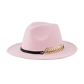 Elegant pink wool felt fedora with black ribbon band and golden metal leaf accent - Adult 58cm One Size / Pink