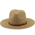Panama straw hat with brown leather band and gold buckle on a white background - M (56-58cm) / Khaki