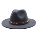 Detail of grey wool fedora hat featuring brown leather band with silver metal studs - L / Dark Gray