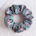 Grey Christmas scrunchie with snowman and candy cane prints on soft fabric - Grey Cartoon Snowman
