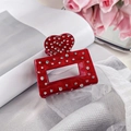 Molla per capelli a cuore in acetato rosso con strass su superficie in tessuto - Cuore Quadrato 5cm
