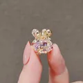 Cute bunny ear hair claw with pink crystal and gold metal finish for women - Flower Bunny Pink