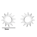 Detail view of a 9mm silver sun totem stud earring showing size and gear-shaped metal texture - Sunburst / Steel