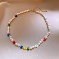 Dopamine style necklace with freshwater pearls and colorful beaded flowers in silk background - Style 14 Flower Freshwater Pearl Necklace