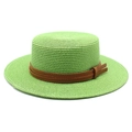 Close-up of light green straw boater hat with fine brown leather band detail - Grass Green